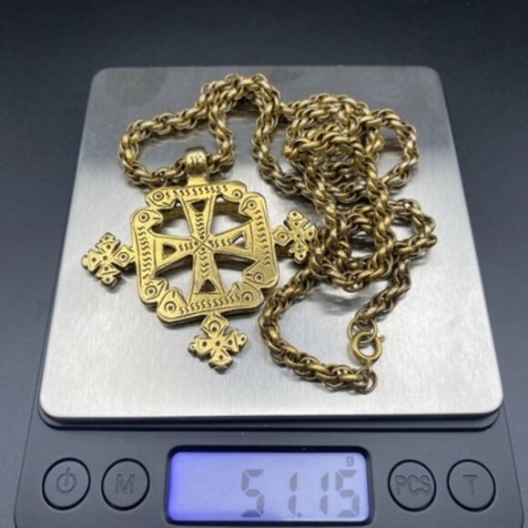 Vintage Ethiopian Coptic Cross Pendant Necklace Reversible Gold Tone 24" - Picture 8 of 9